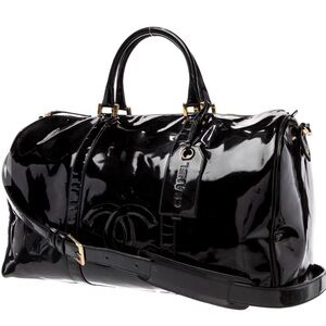 CHANEL CC Logo Patent Leather Duffel Weekender Travel Bag Black Vintage